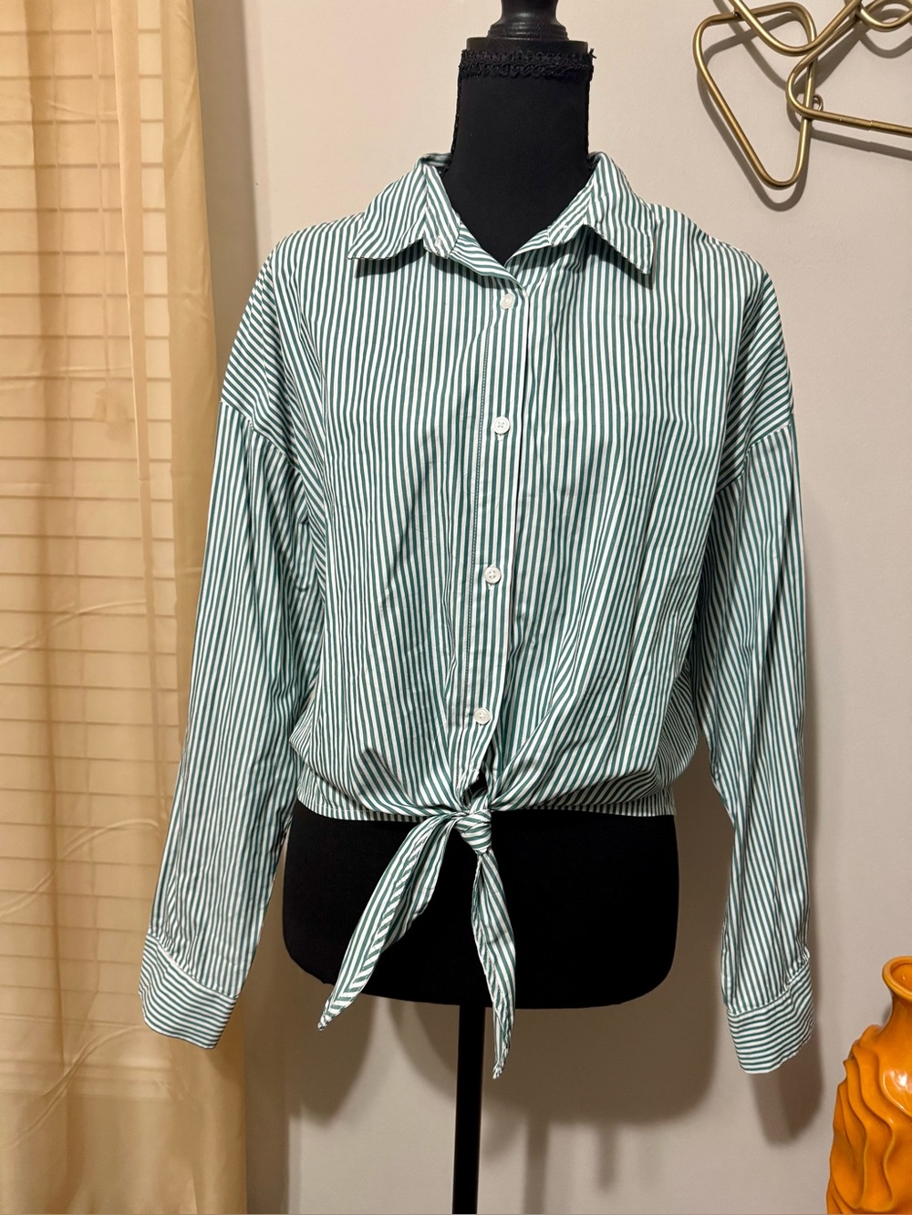 Forever 21 Green and White Striped Tie-Front Button Down Shirt